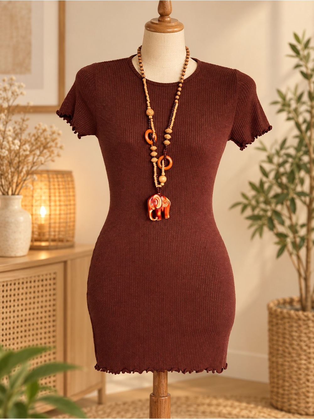 Women's Ribbed Short-Sleeve Bodycon Mini Dress - Brown